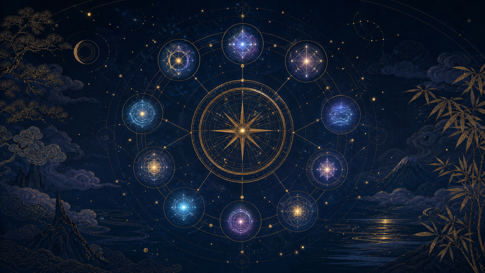 九つの光が中心の星図へつながる数秘術Day 01のイメージ